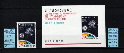Coreea Sud, 1967 | Aniv. 15 ani membru UIT - Satelit Syncom - Cosmos | MNH | aph foto