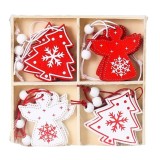 Set 12 decoratiuni de craciun din lemn, flippy, cu snur pentru agatare in brad, model brazi si ingerasi, alb-rosu
