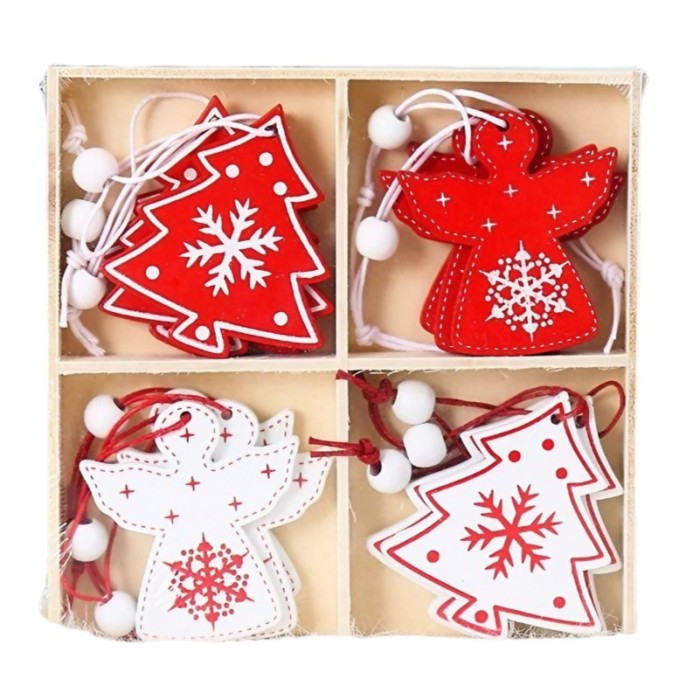 Set 12 decoratiuni de craciun din lemn, flippy, cu snur pentru agatare in brad, model brazi si ingerasi, alb-rosu
