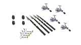 Set pescuit prokarpfishing cu 4 Lansete telescopice , 4 mulinete cu fir si 4 avertizori cu 4 swingere cu led