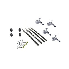 Set pescuit prokarpfishing cu 4 Lansete telescopice , 4 mulinete cu fir si 4 avertizori cu 4 swingere cu led