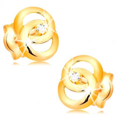 Cercei aur galben 14K - două cercuri unite, diamant în mijloc