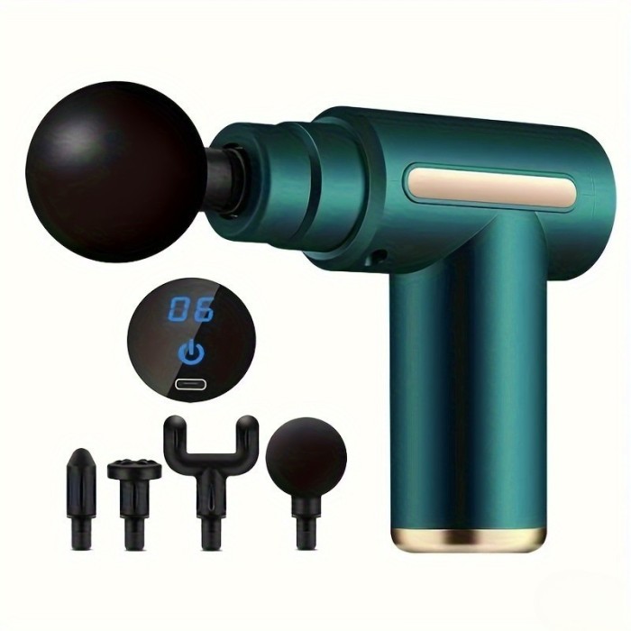 Aparat masaj tip pistol mini, 4 viteze, 4 capete, portabil, USB &ndash; Relaxare și sănătate oriunde