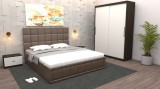 Dormitor Regal cu Pat Tapitat Maro imitatie piele cu dulap usi glisante Wenge fara oglinda si fara comoda Tv