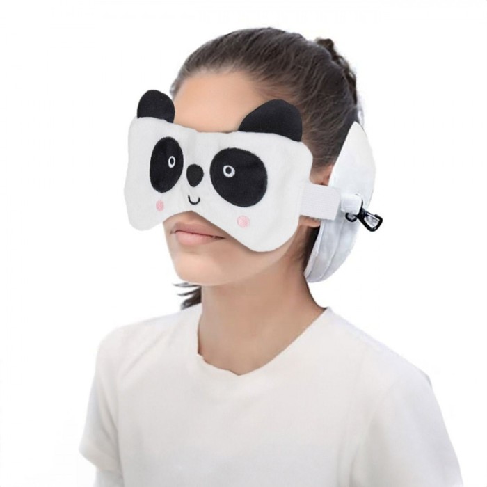 Set Pernă de Călătorie și Mască de Somn, Model Panda, Material Poliester, Alb-Negru