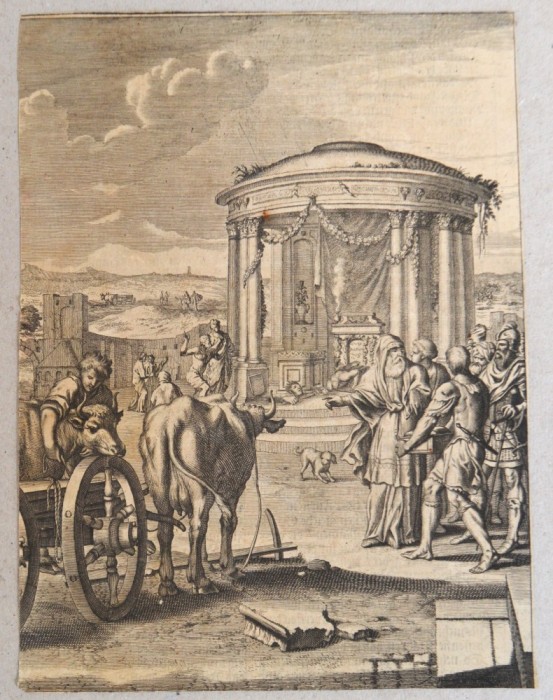 Matthias Scheits &quot;Dagon cazand inaintea Arcei&quot; gravura veche 1672