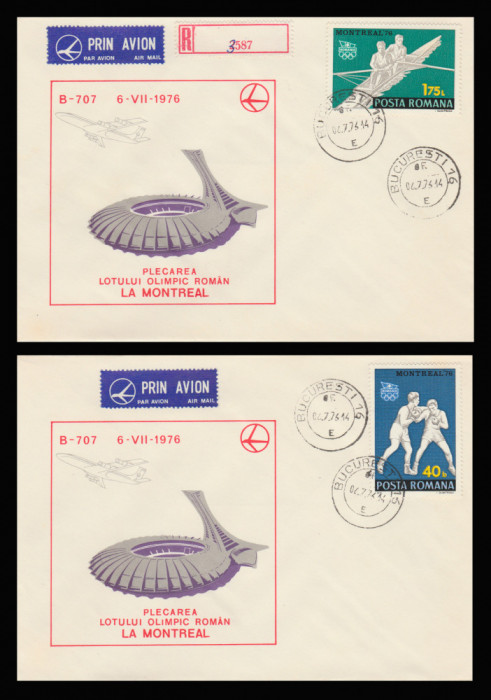 1976 Plecarea lotului olimpic roman la Montreal, 2 plicuri filatelice cu vignete