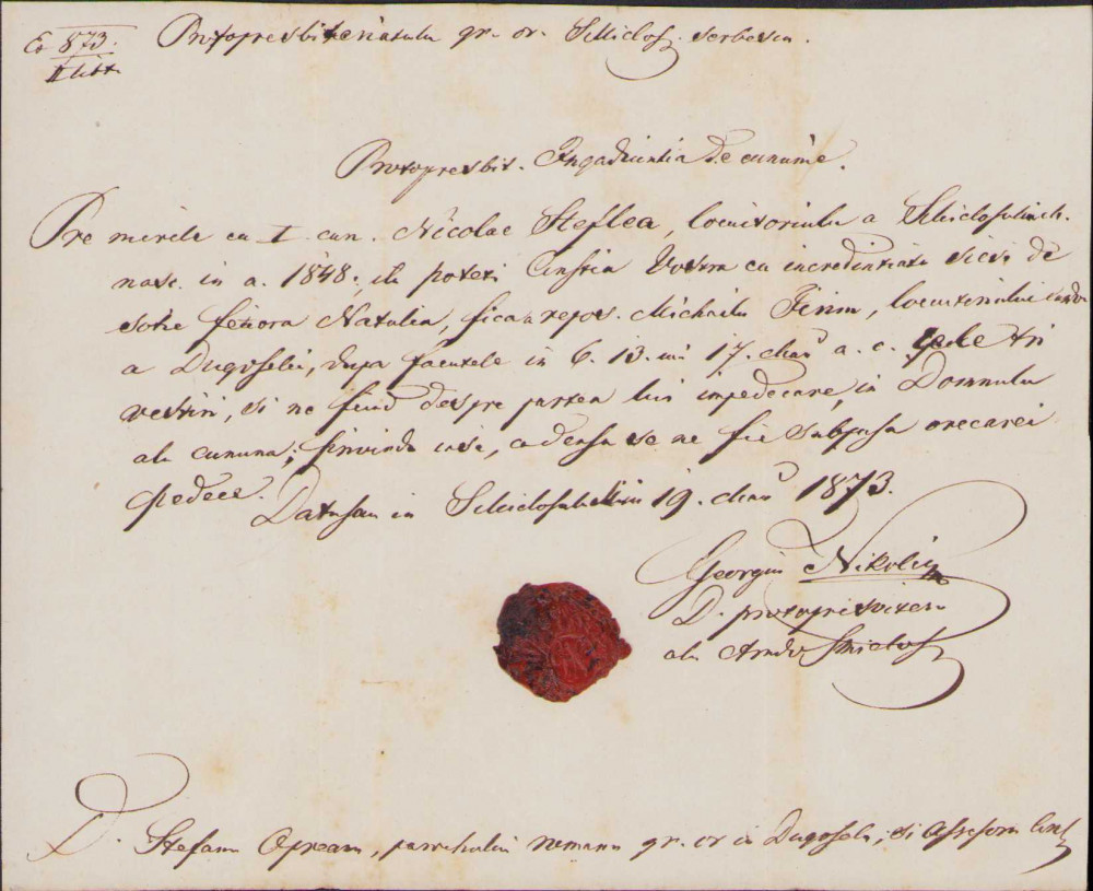 HST 47S Licenta casatorie 1873 sigiliu in ceara protopop Sannicolau Mare  Timis | Okazii.ro