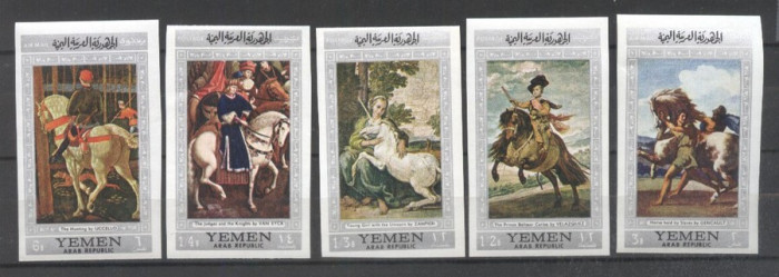 Yemen 1968 Horse paintings Silver border imperf. Mi.756-60 MNH U.021