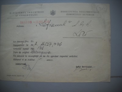 HOPCT DOCUMENT VECHI 314 MINISTERUL INDUSTRIEI COMERT EXTERIOR /BUCURESTI 1936 foto