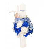 Lumanare botez, 40 cm, baietel, Eventissimi, cu flori si somnoros, albastru alb