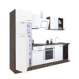 Mobilă de bucătărie Yorki 270, corp din stejar Yorki, față alb satinat, element cuptor inferior, frigider congelator superior