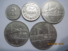 Romania (e114) - 5 Bani 1966, 15 Bani 1960,1 Leu (2 pcs.), 3 Lei 1966 foto