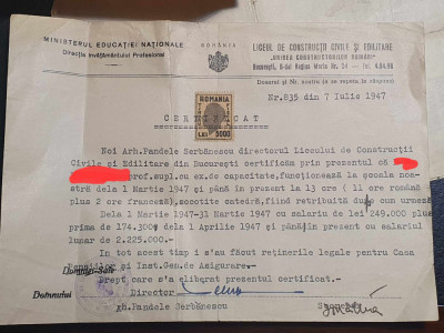 Certificat de dovada angajare si salariu Ministerul Educatiei, Iulie 1947 foto