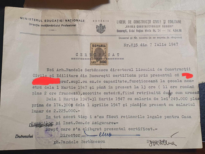 Certificat de dovada angajare si salariu Ministerul Educatiei, Iulie 1947