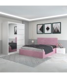 Dormitor Filip Roz cu Pat Tapitat Stofa 140x200 cm, Dulap 150x208 cm, Noptiere 48cm