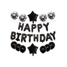 Set 25 de baloane din folie metalizata si latex, flippy, figurine 2 stele, 4 baloane confetti, 13 litere, 6 latex, model happy birthday, tema aniversa