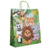 Sacouă cadou din h&acirc;rtie kraft verde cu model animale din junglă, 36x12x41cm, CMCLASS