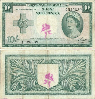 1954, 10 Shillings (P-23a) - Malta foto