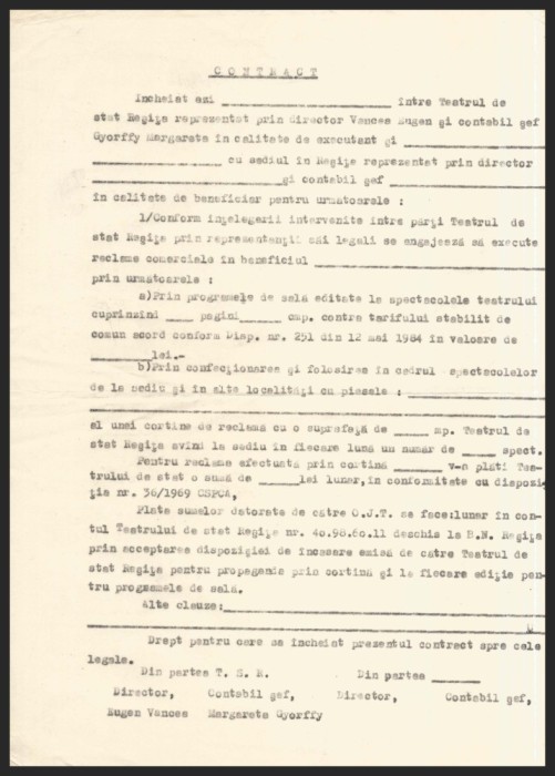 MODEL CONTRACT, NEPERFECTAT, PERIOADA COMUNISTĂ - &Icirc;NCHEIAT &Icirc;NTRE TEATRUL DE STAT REȘIȚA, &Icirc;N CALITATE DE EXECUTANT ȘI (...) &Icirc;N CALITATE DE BENEFICIAR