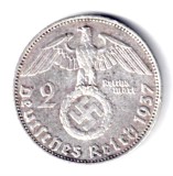 GERMANIA 2 REICHS MARK 1937 D HINDEMBURG ARGINT VF++, Europa