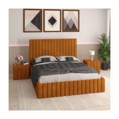 Pat Tapitat Luca Caramiziu + Saltea Lux Ortopedica + Noptiere Tapitate 160x200cm