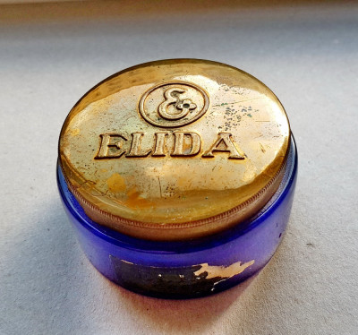 D431- I-ELIDA-Cutie crema pudra dama fata veche interbelica sticla albastra... foto