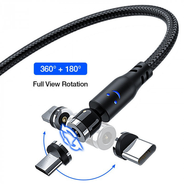 Cablu de incarcare Premium 3in1 Magnetic cu LED si rotatie la 540&deg; USB-C, MicroUSB si Lightning iPhone, 3 Conectori 360 Hotriple