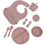 Set 8 piese hranire bebelusi, diversificare, silicon, baveta, farfurie, bol cu ventuza, lingurita si