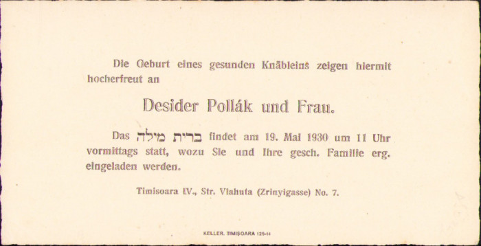 HST A874 Anunț naștere 1930 familia de evrei Pollak Timișoara