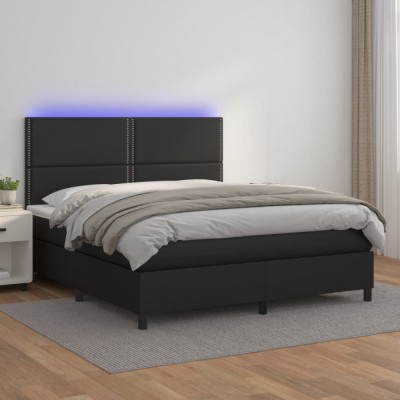 vidaXL Pat cu arcuri, saltea și LED, negru, 160x200cm, piele ecologică 3135891 foto