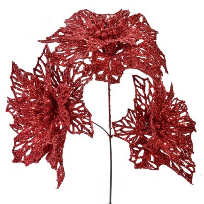 Ramură Decorativă Crăciun, Flori, Ramură Flori Roșu, 22 cm foto