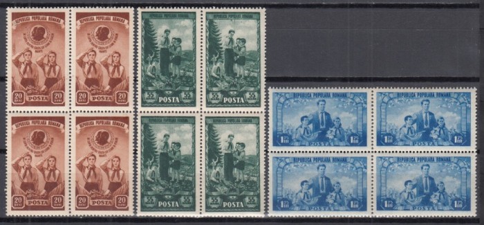ROMANIA 1952 LP 323 A III-A ANIVERSARE A ORGANIZATIEI DE PIONIERI SERIA IN BLOC DE 4 TIMBRE STARE MNH