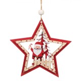 Ornament Brad Crăciun Stea, 10x10cm, Lemn, Roșu, Model Moș Crăciun și Brad, Oem