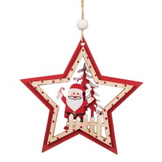 Ornament Brad Crăciun Stea, 10x10cm, Lemn, Roșu, Model Moș Crăciun și Brad