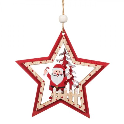 Ornament Brad Crăciun Stea, 10x10cm, Lemn, Roșu, Model Moș Crăciun și Brad foto