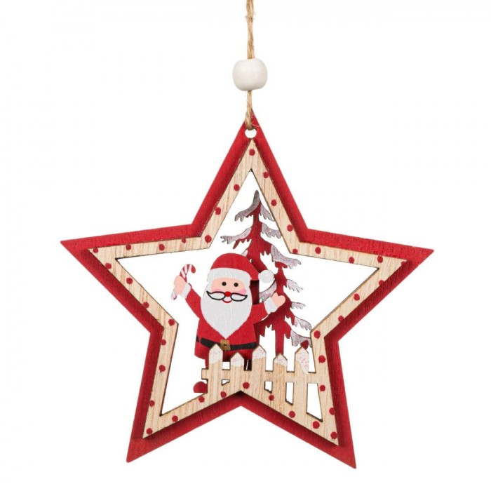 Ornament Brad Crăciun Stea, 10x10cm, Lemn, Roșu, Model Moș Crăciun și Brad