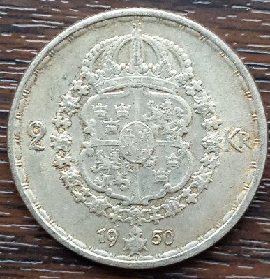 (A985) MONEDA DIN ARGINT SUEDIA - 2 KRONOR 1950, LIT. TS, REGELE GUSTAV V foto