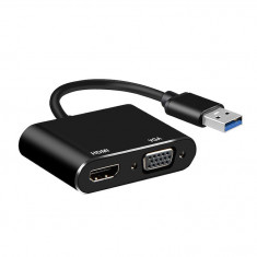 Convertor adaptor USB 3.0 5 Gbps la HDMI si VGA FullHD 1920x1080p, negru
