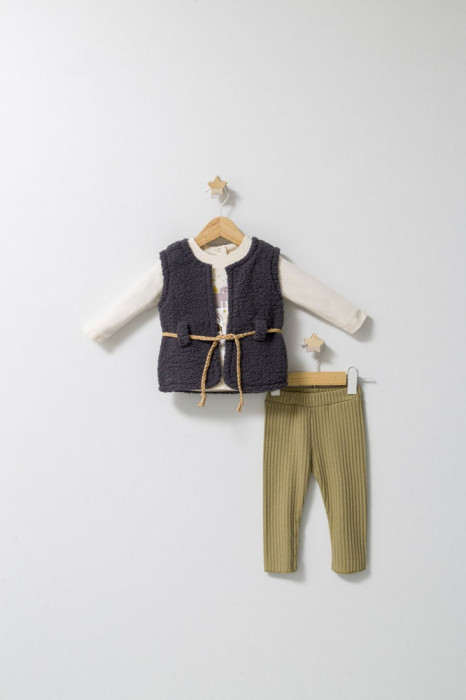 Set 3 piese: pantaloni, bluzita si vestuta eleganta pentru bebelusi Fun Penguin, Tongs baby (Culoare: Crem, Marime: 6-9 luni)