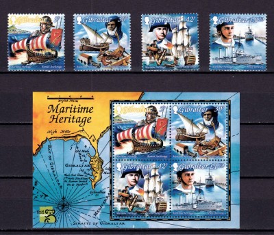 ✅(S19) Gibraltar 1999 ,&amp;quot; Istoria navigatiei maritime &amp;quot;, serie Michel 871/874 + block 35 ,nominal &amp;pound;3.94 , MNH foto
