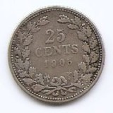 Olanda 25 Cents 1905 - Wilhelmina, Argint 3.575 g.640, 19 mm KM-120.2