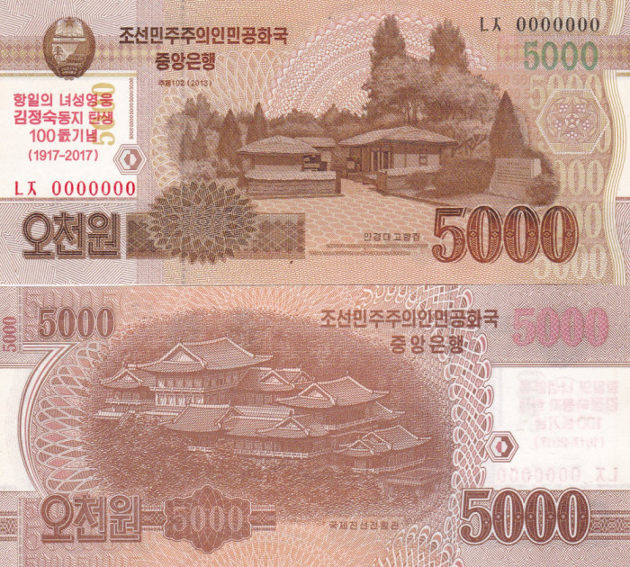 Korea North Corea de Nord 5000 Won 2013 1917-2017 Specimen UNC
