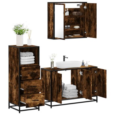 vidaXL Set mobilier de baie, 3 piese, stejar fumuriu, lemn prelucrat 3301012 foto