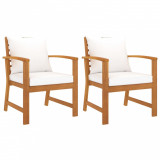 Set 2 Scaune Gradina Lemn Acacia vidaXL, Perna Crem, Exterior, Veranda, Terasa, 60.5x60.5x81cm
