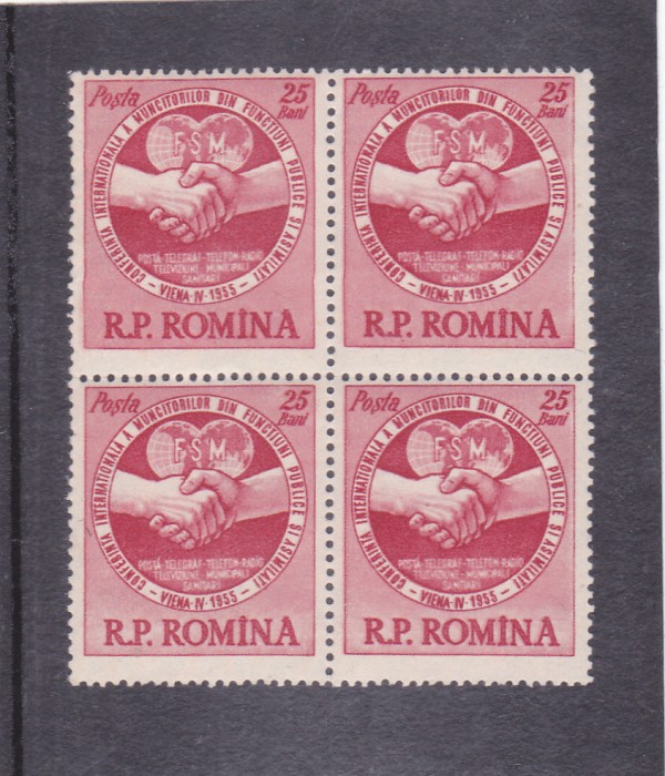 ROMANIA 1955 LP 382 CONFERINTA SINDICALA VIENA BLOC DE 4 TIMBRE MNH