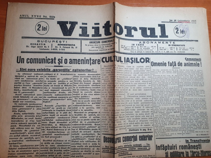 ziarul viitorul 24 octombrie 1945-cultul iasilor,hitler,targu mures