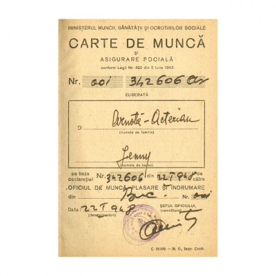 Jeni Acterian - Arnotă, Carte de muncă foto