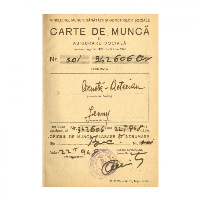 Jeni Acterian - Arnotă, Carte de muncă