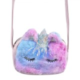 Geantă Fete, Model Unicorn, Roz Multicolor, Blană, Curea Lungă 45cm, 17x4.5x11cm, Oem